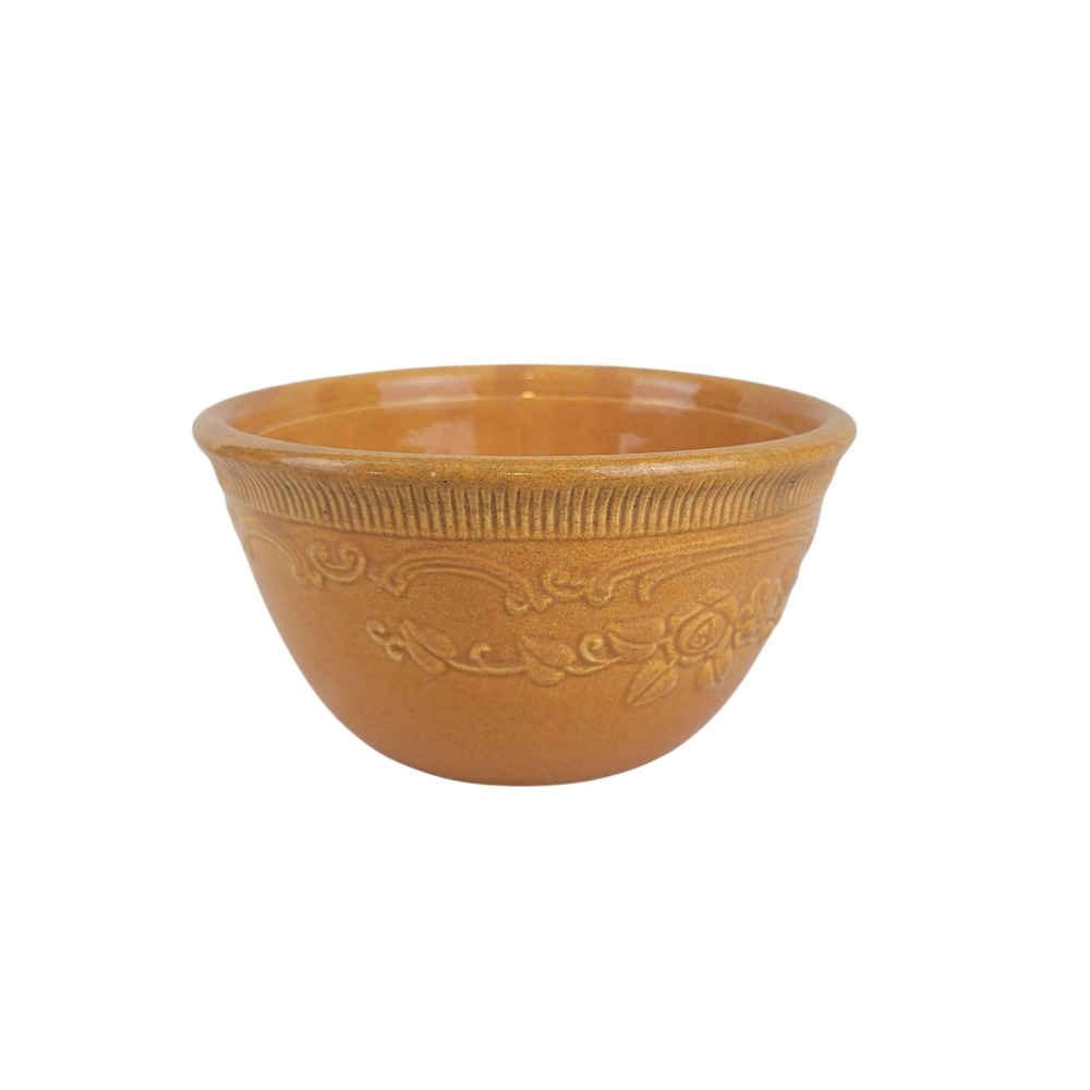 Homer Laughlin Oven Serve Yellow Ware Mixing Bowl Floral Embossed Vintage 6 inch